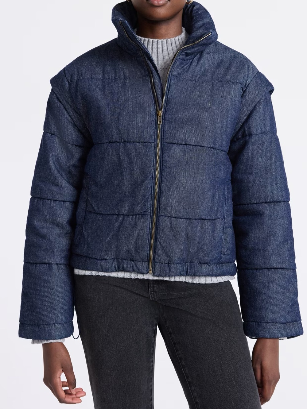 Free Assembly Denim-Effect Navy Puffer Jacket - Women